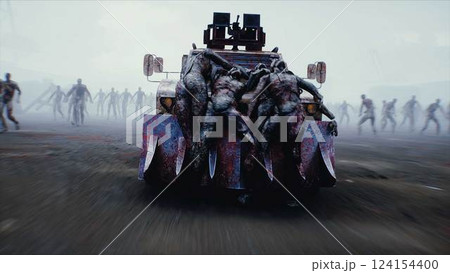 zombie car drives and hits zombies. Apocalyptic concept. 3d rendering. 124154400