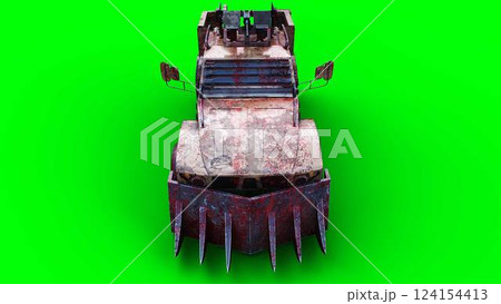 zombie car drives and hits zombies. Apocalyptic concept. Green screen isolate. 3d rendering. 124154413