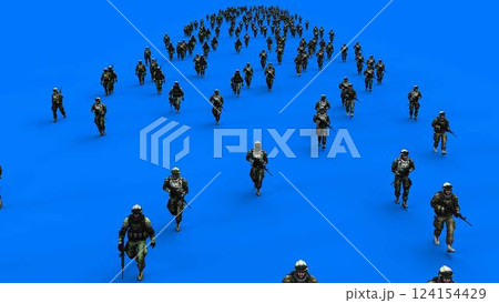 a crowd of walking soldiers with weapons. green screen. War, conflict concept. 3d rendering 124154429