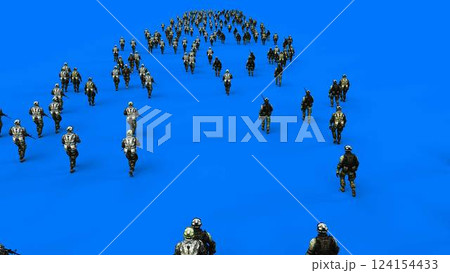 a crowd of walking soldiers with weapons. green screen. War, conflict concept. 3d rendering a crowd of walking soldiers with weapons. green screen. War, conflict concept. 3d rendering 124154433