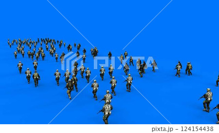 a crowd of walking soldiers with weapons. green screen. War, conflict concept. 3d rendering 124154438