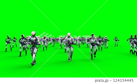 a crowd of walking robots with weapons. green screen.3d rendering. a crowd of walking robots with weapons. green screen.3d rendering. 124154445