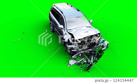 Generic 3d car crash test. Car destruction. Green screen isolate. 3 rendering, Generic 3d car crash test. Car destruction. Green screen isolate. 3 rendering, 124154447