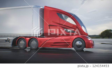 Futuristic electric cargo semi truck very fast driving on desert stone highway. Futuristic concept. 3d rendering. 124154453