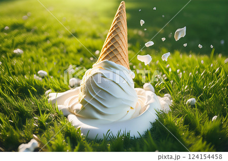 芝生の上に落ちてクリームが飛び散るソフトクリーム 124154458
