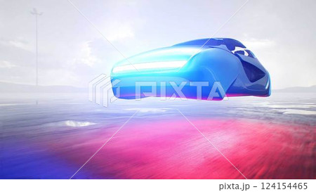 Futuristic flying car very fast driving on desert stone highway. Futuristic concept. 3d rendering. 124154465