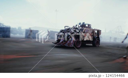 zombie car drives and hits zombies. Apocalyptic concept. 3d rendering. 124154466