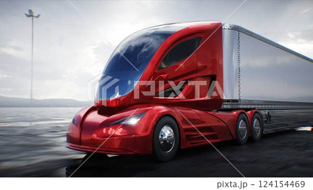 Futuristic electric cargo semi truck very fast driving on desert stone highway. Futuristic concept. 3d rendering. 124154469