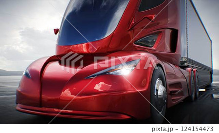 Futuristic electric cargo semi truck very fast driving on desert stone highway. Futuristic concept. 3d rendering. Futuristic electric cargo semi truck very fast driving on desert stone highway. Futuristic concept. 3d rendering. 124154473