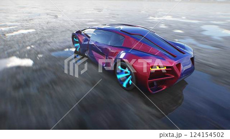 Futuristic electric car very fast driving on desert stone highway. Futuristic concept. 3d rendering 124154502
