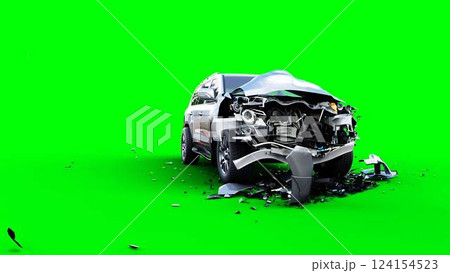 Generic 3d car crash test. Car destruction. Green screen isolate. 3 rendering, Generic 3d car crash test. Car destruction. Green screen isolate. 3 rendering, 124154523