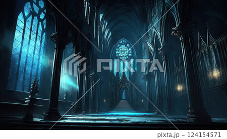 AI generated Massive dark stone cathedral interior with tall ceilings and stained glass windows illuminating the scene AI generated Massive dark stone cathedral interior with tall ceilings and stained glass windows illuminating the scene 124154571
