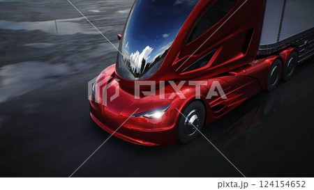 Futuristic electric cargo semi truck very fast driving on desert stone highway. Futuristic concept. 3d rendering. Futuristic electric cargo semi truck very fast driving on desert stone highway. Futuristic concept. 3d rendering. 124154652