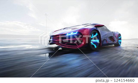 Futuristic electric car very fast driving on desert stone highway. Futuristic concept. 3d rendering 124154660