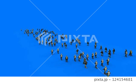 a crowd of walking soldiers with weapons. green screen. War, conflict concept. 3d rendering 124154681