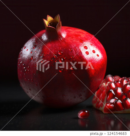 AI generated Ripe pomegranate fruit with water droplets and open section 124154683