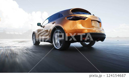 Luxury suv car very fast driving on desert stone highway. Business concept. 3d rendering. 124154687