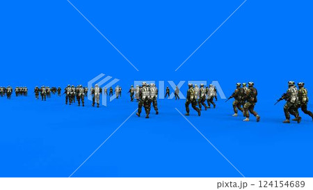 a crowd of walking soldiers with weapons. green screen. War, conflict concept. 3d rendering 124154689