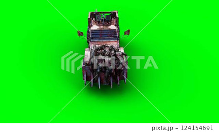 zombie car drives and hits zombies. Apocalyptic concept. Green screen isolate. 3d rendering. 124154691