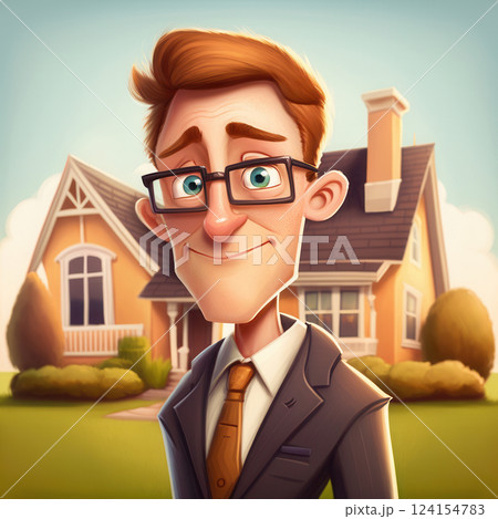 AI generated Smiling realtor standing in front of house, cartoon avatar 124154783