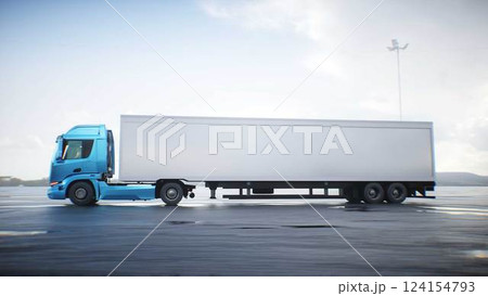 Cargo truck very fast driving on desert stone highway. Business concept. 3d rendering. Cargo truck very fast driving on desert stone highway. Business concept. 3d rendering. 124154793