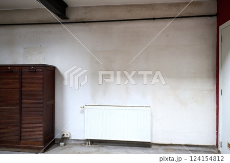 Dirty white wall in grungy loft with moisture and spider web Dirty white wall in grungy loft with moisture and spider web 124154812