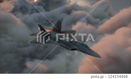 Military fighter jet F-22 flying over clouds. Air force. 3d rendering. 124154898