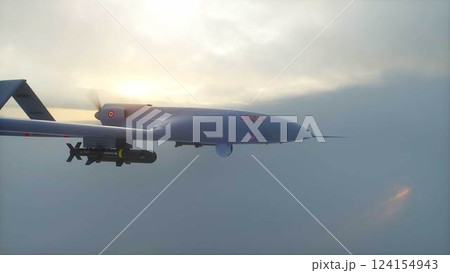 Military Predator Drone Flying over clouds. 3d rendering. 124154943