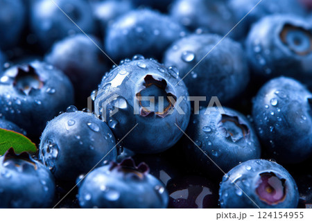 AI generated Fresh ripe blueberries showing water droplets and leaf closeup 124154955