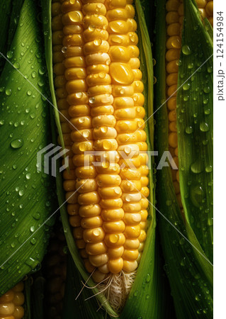 AI generated Fresh corn on the cob with water droplets, seamless background for culinary delights 124154984