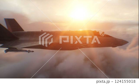 Military fighter jet F-35 flying over clouds. Air force. 3d rendering. 124155018