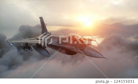 Military fighter jet F-16 flying over clouds. Air force. 3d rendering. Military fighter jet F-16 flying over clouds. Air force. 3d rendering. 124155031
