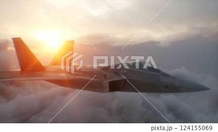 Military fighter jet F-22 flying over clouds. Air force. 3d rendering. 124155069