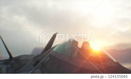 Military fighter jet F-22 flying over clouds. Air force. 3d rendering. Military fighter jet F-22 flying over clouds. Air force. 3d rendering. 124155085