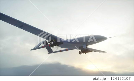 Military Predator Drone Flying over clouds. 3d rendering. 124155107