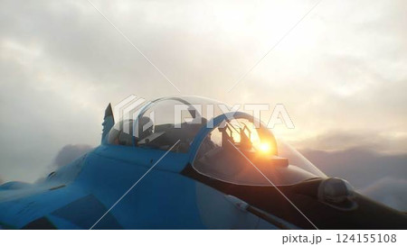 Russian military fighter jet MIG -35 flying over clouds. Air force. 124155108