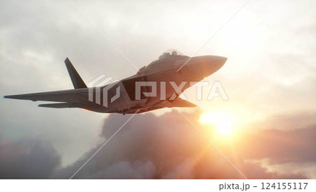 Military fighter jet F-22 flying over clouds. Air force. 3d rendering. 124155117