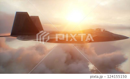 Military fighter jet F-22 flying over clouds. Air force. 3d rendering. 124155150