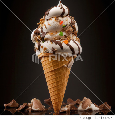 AI generated Delicious ice cream cone drizzled with chocolate and toppings on black background 124155207