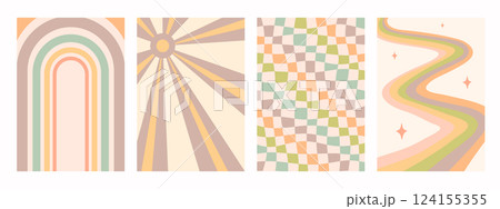 Abstract psychedelic retro pattern set. Groovy backgrounds in retro colors. Trendy wavy vector texture in abstract y2k style. Vector graphic for posters and art prints 124155355