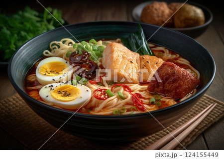 AI generated Steaming bowl of asian curry noodle soup with salmon and eggs 124155449