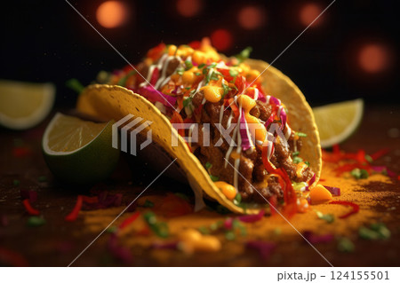 AI generated Crispy taco shell holding delicious filling with festive bokeh background 124155501
