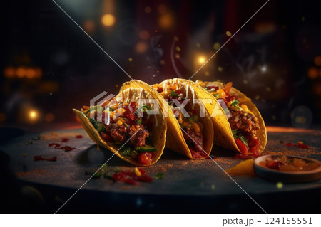 AI generated Crispy tacos with ground beef, vegetables, and cheese celebrating cinco de mayo AI generated Crispy tacos with ground beef, vegetables, and cheese celebrating cinco de mayo 124155551