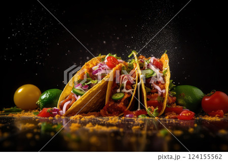 AI generated Crunchy tacos falling on table with seasoning, tomatoes, and limes for cinco de mayo AI generated Crunchy tacos falling on table with seasoning, tomatoes, and limes for cinco de mayo 124155562