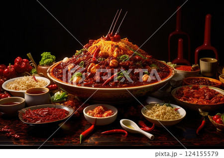 AI generated Large bowl of mapo tofu with sichuan pepper and noodles representing chinese cuisine 124155579
