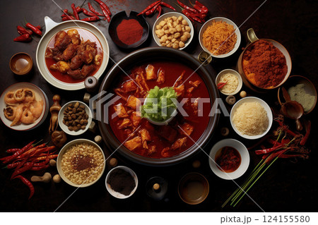 AI generated Spicy sichuan hot pot with various ingredients and spices displayed on dark background 124155580