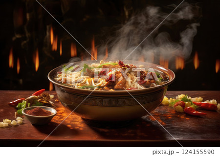 AI generated Steaming hot bowl of sichuan noodles with chicken and chili peppers 124155590
