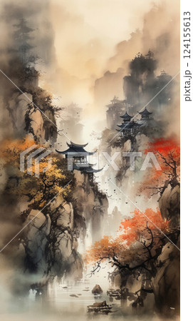 AI generated Traditional chinese painting of majestic mountain valley with pagodas in autumn scenery 124155613