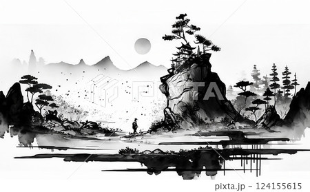 AI generated Traveler contemplating zen landscape painting with pagoda and mountains 124155615