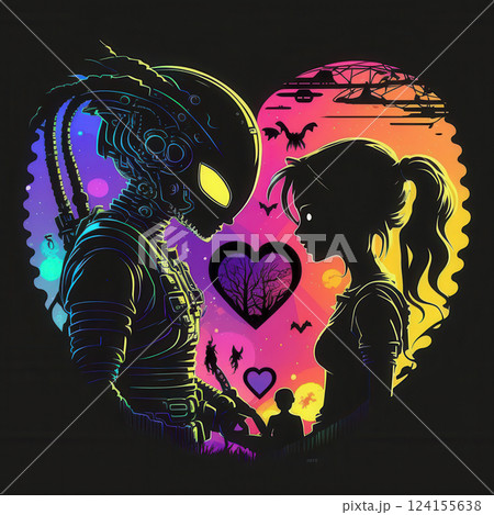 AI generated Alien and human woman falling in love with child looking on AI generated Alien and human woman falling in love with child looking on 124155638